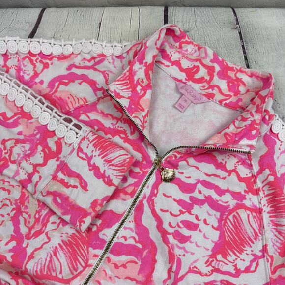 Lilly Pulitzer Women’s Pullover Half Zip Pink White Print Cotton‎ Med EUC - Picture 1 of 11